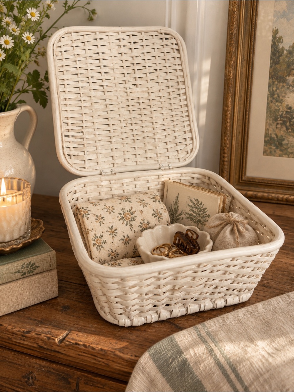Vintage Woven Storage Basket with Lid - White